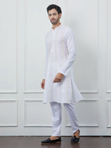 Men White Cotton Multi Thread Work Kurta