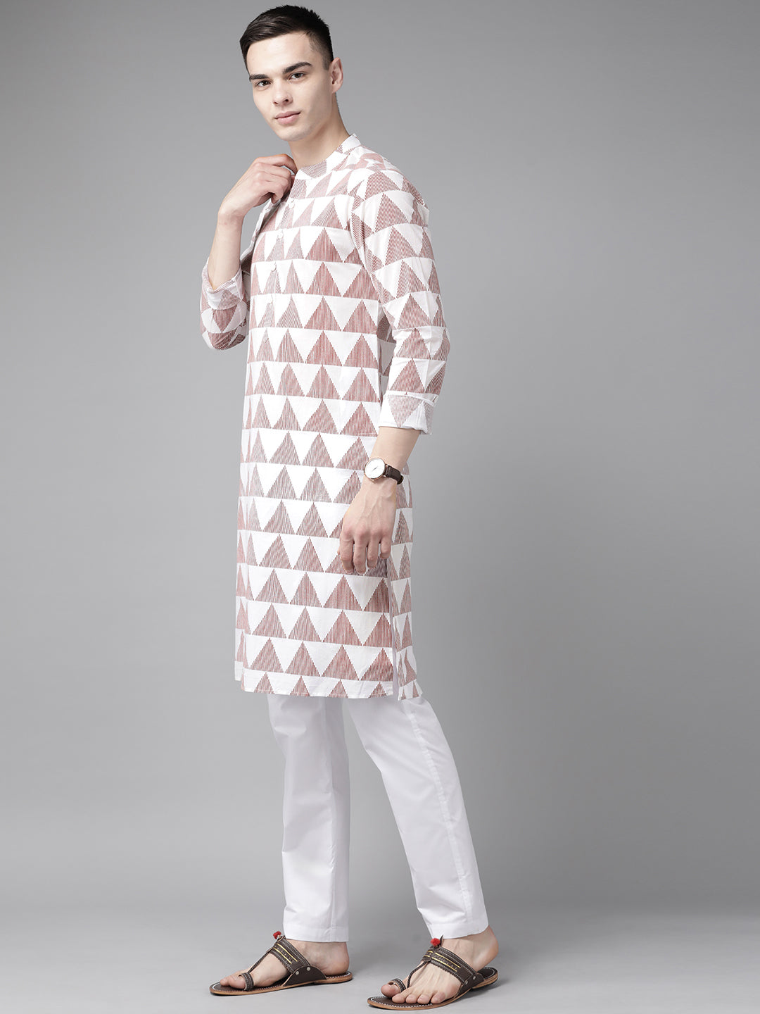 Riwaat.com Men White & Maroon Stripe Printed Straight Kurta Riwaat Printed