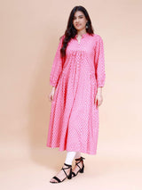 Women Pink And Off White Floral Print Cotton Maxi Dress