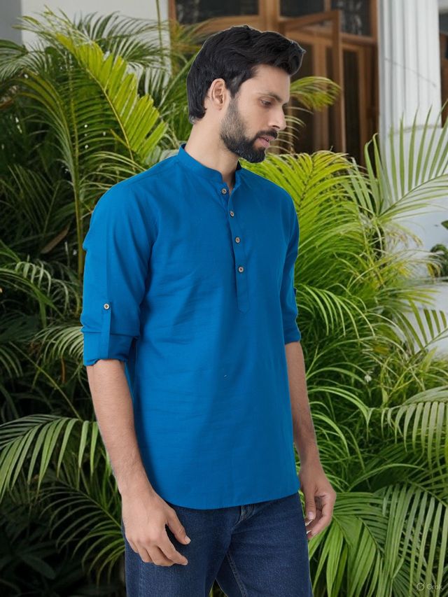 Men Pack Of 2 Blue & Pink Cotton Solid Short Kurta