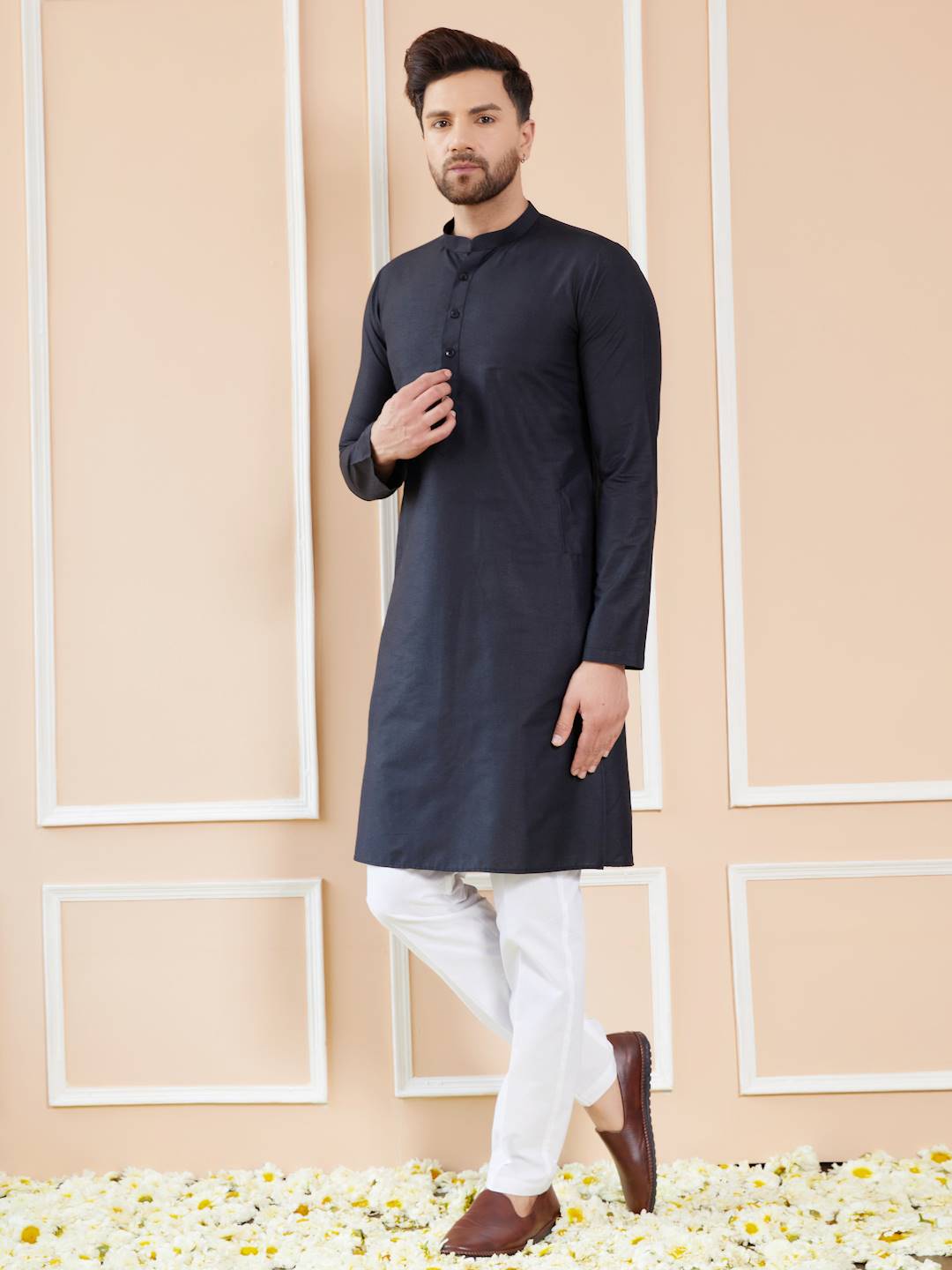 Men Midnight Black Cotton Solid Straight Kurta With Pajama