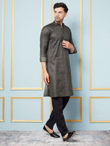 Men Black & Green Woven Design Thread Work Kurta With pyjama