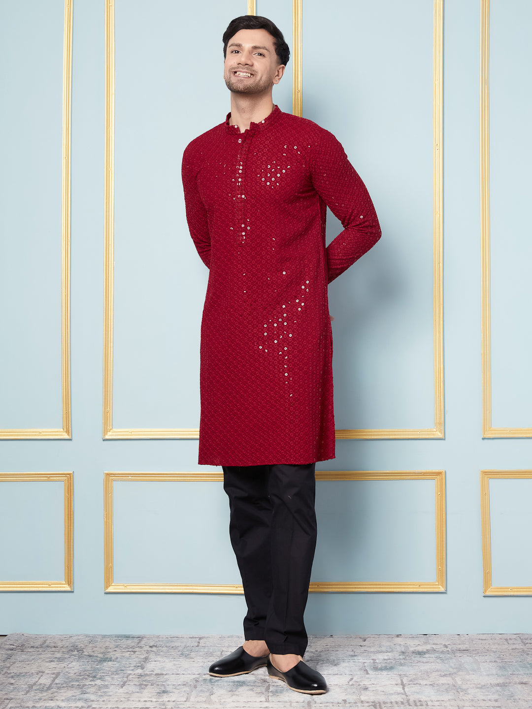 Men Crimson Majesty Embroidered Sequined Rayon Kurta