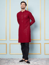 Men Crimson Majesty Embroidered Sequined Rayon Kurta