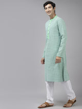 Men Green & White Printed Pure Cotton Straight Kurta