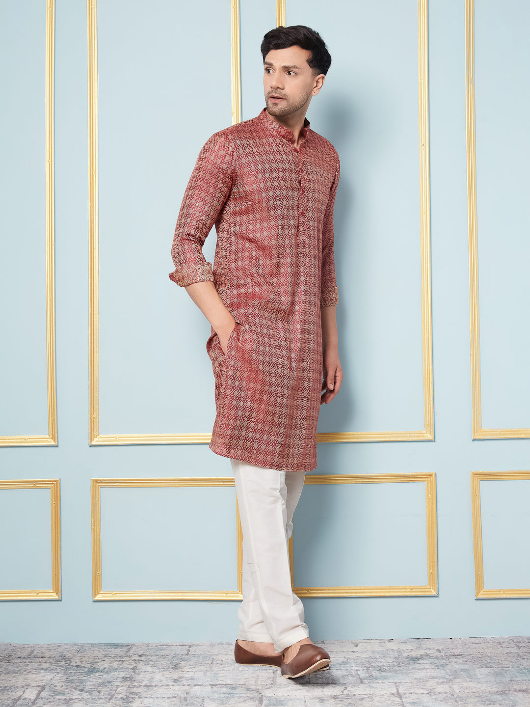 Men Maroon & Gold Woven Design Thread Work Kurta With pyjama