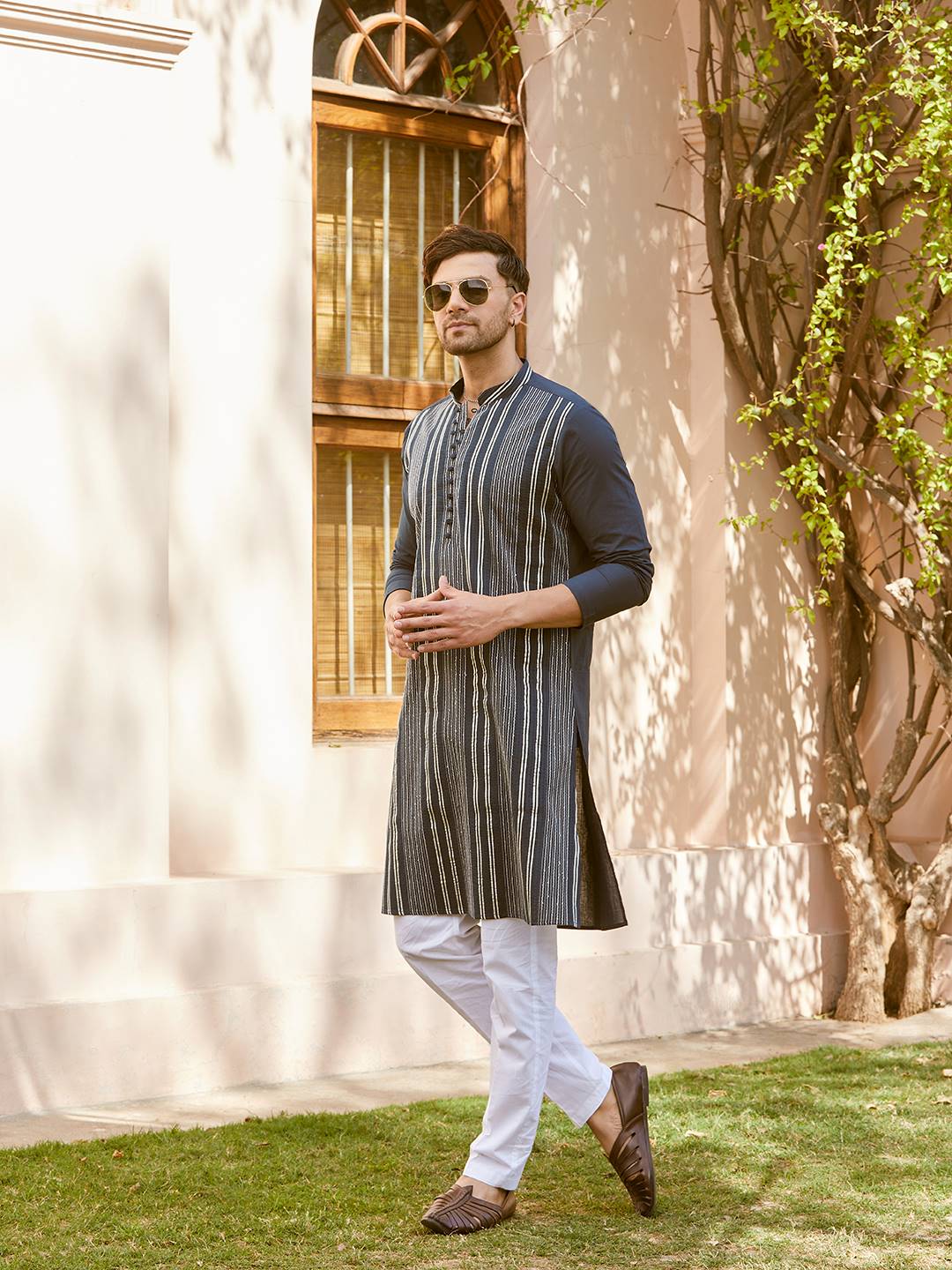 Men Midnight Blue with Stripes Pintex Design Sequins Cotton Kurta With Pajama