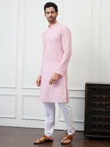 Men Orange And White Chikankari Embroidered Cotton Kurta Set