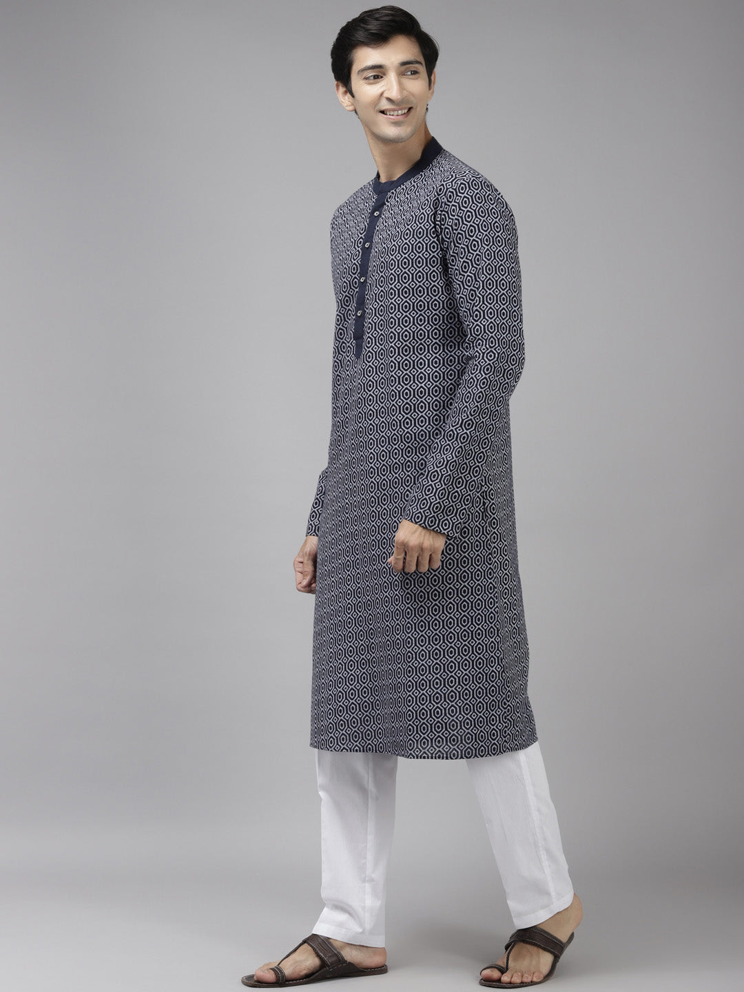 Men Blue EthnoVogue Printed Thread Work Indigo Kurta