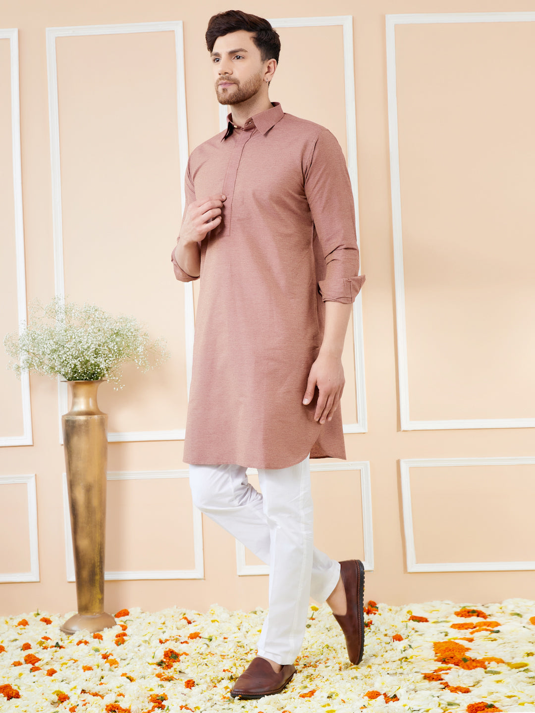Men Brown Cotton Solid Pathani Kurta with Pyjama