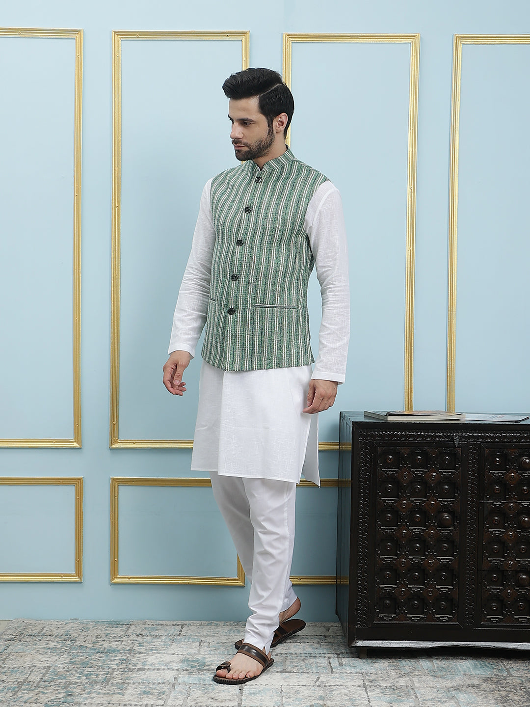 Men Emerald Color Khadi Nehru Jacket