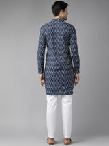 Men Indigo Regular Pure Cotton Pathani Printed Men's Kurta
