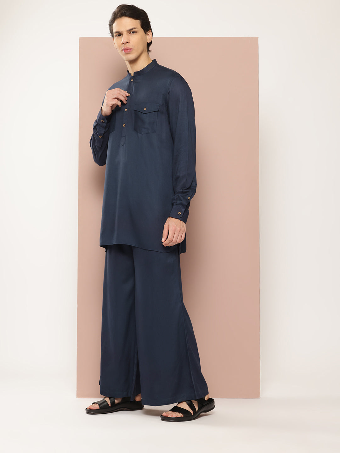 Men Blue Rayon Solid Pathani Sets