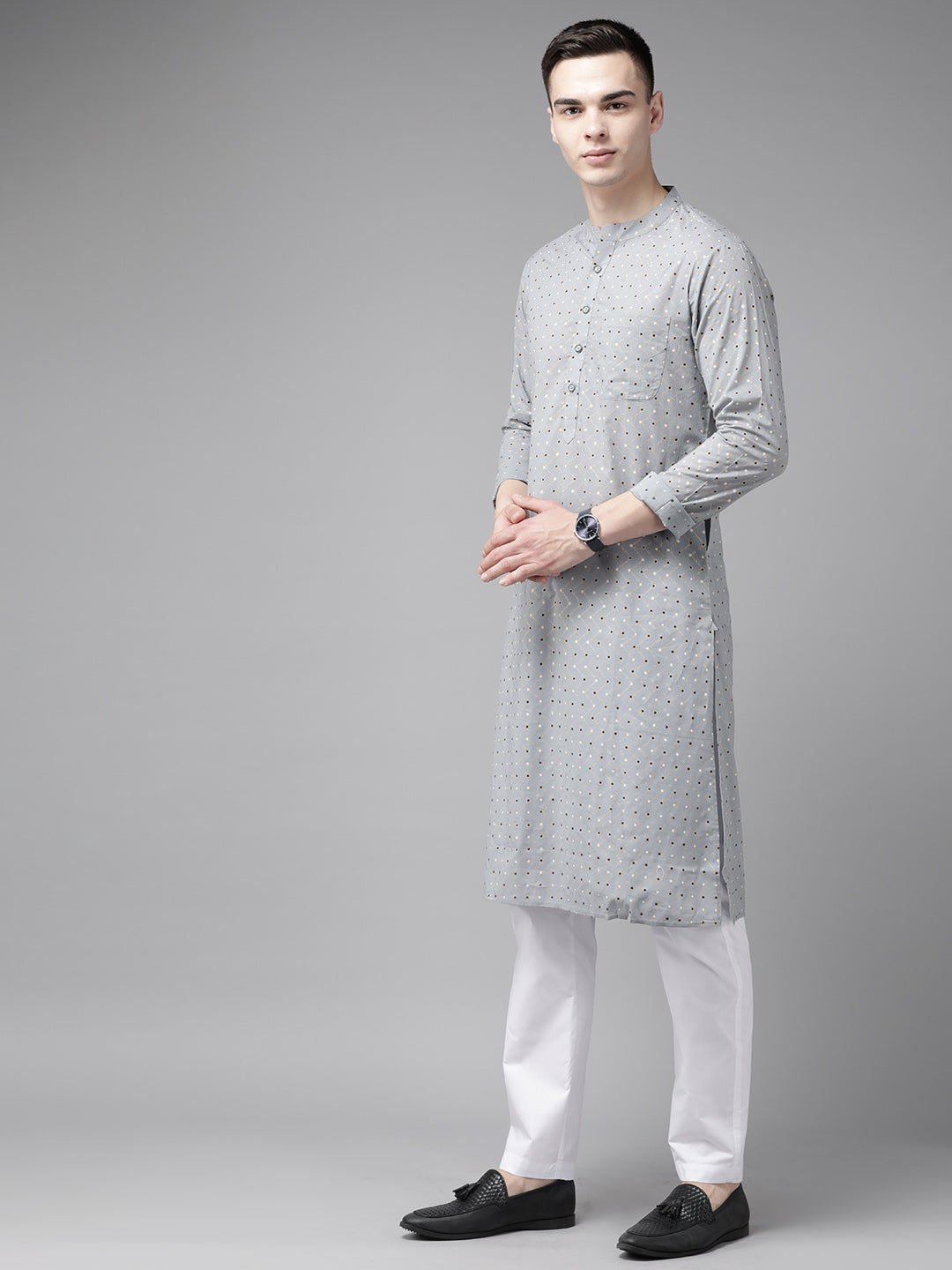 Riwaat.com Men Grey & Gold Printed Straight Kurta With Pajama Riwaat Printed