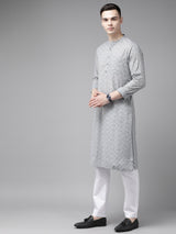 Riwaat.com Men Grey & Gold Printed Straight Kurta With Pajama Riwaat Printed