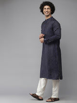 Men Deep Navy Blue with Golden Stripes Woven Design Kurta With Pajama