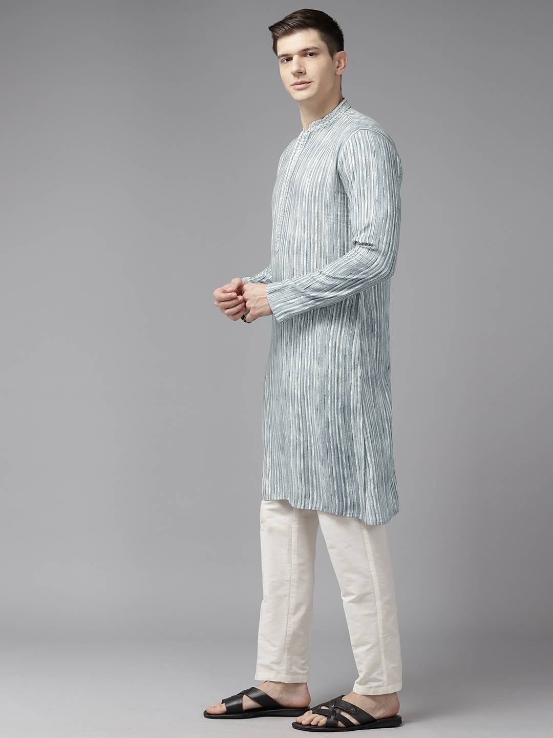 Men Off White & Grey Pure Cotton Embroidered Straight Kurta With Pajama