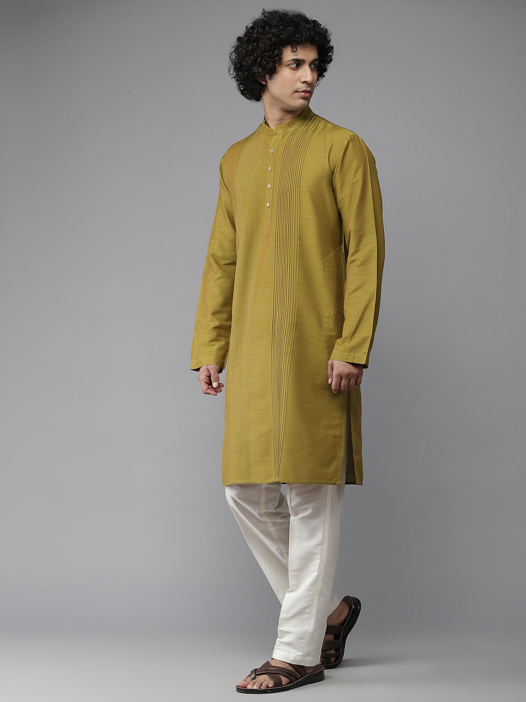 Men Mustard Cotton Silk Straight Kurta