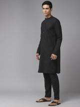 Men Black Pure Cotton Embroidered Straight Kurta With Pajama