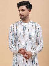 Men White & Blue Pure Cotton Printed Straight Kurta With pyjama