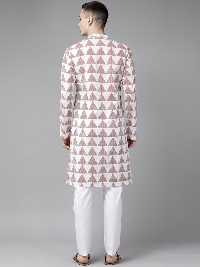 Men White & Maroon Stripe Printed Straight Kurta With Pyjama