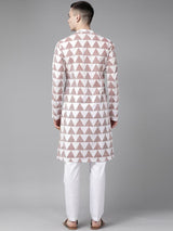Men White & Maroon Stripe Printed Straight Kurta With Pyjama