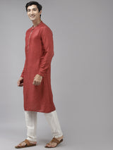 Men Maroon & Beige Toned Woven Design Thread Work Kurta