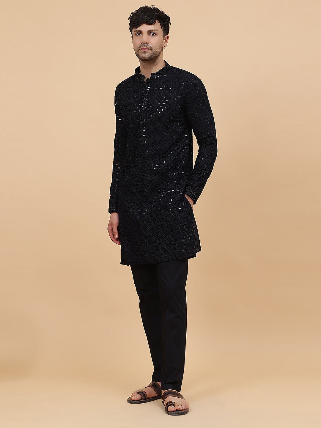 Men Midnight Elegance Embroidered Sequined Rayon Kurta