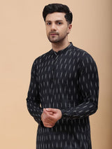 Men Black & White Pure Cotton Printed Straight Kurta With pyjama