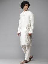 Men Off-White Cotton Silk Straight Kurta