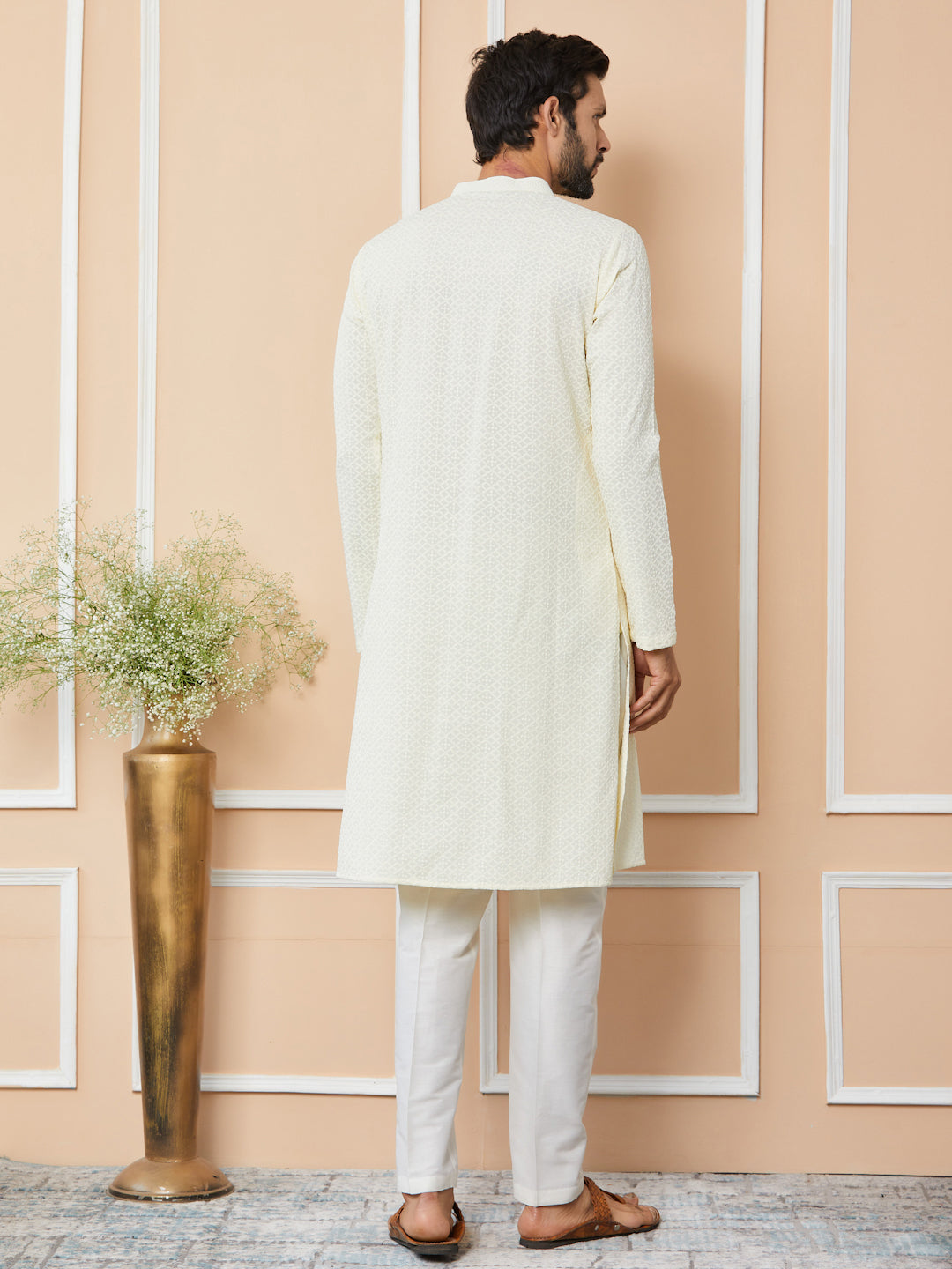 Cream Embroidered Chikankari Rayon Straight Kurta with Pyjama