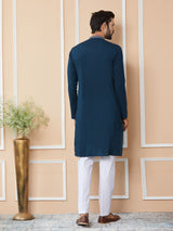 Dark Blue Thread & Sequins Worked Pure Cotton Straight Kurta with Pyjama