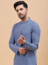 Men Blue & Grey Pure Cotton Printed Straight Kurta With pyjama