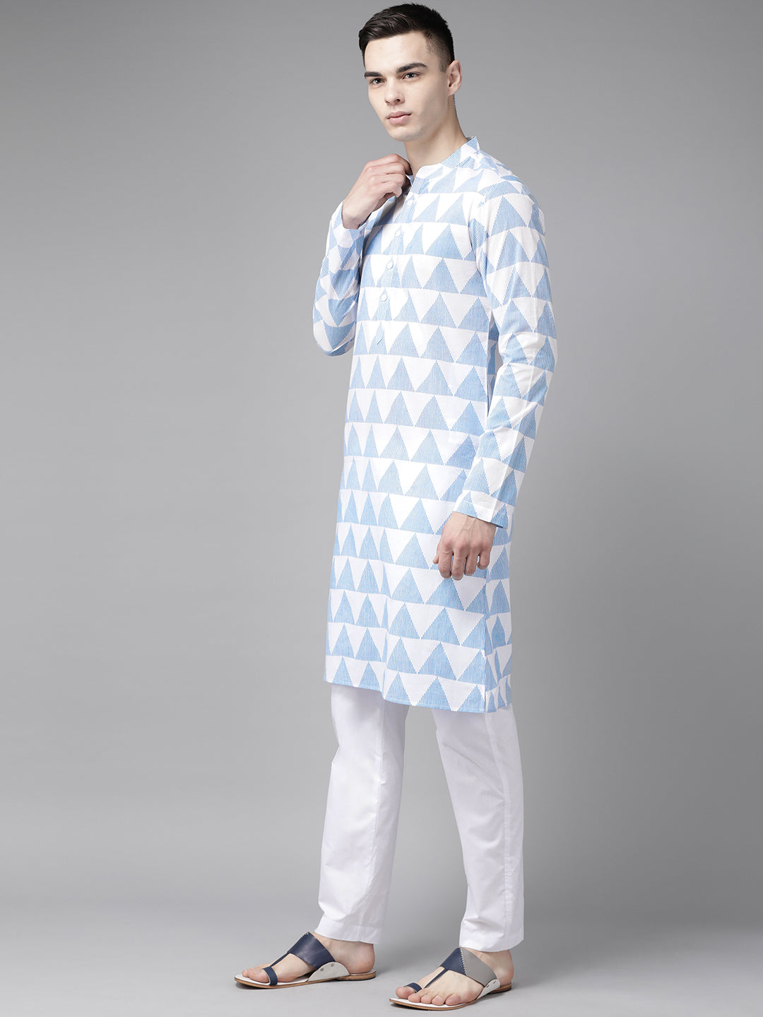 Riwaat.com Men White & Blue Stripe Printed Straight Kurta Riwaat Printed