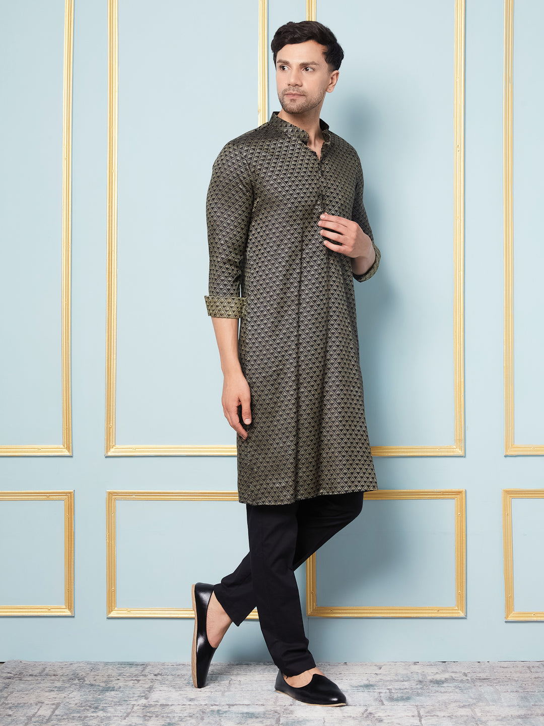Men Black & Gold Woven Design Thread Work Kurta With pyjama