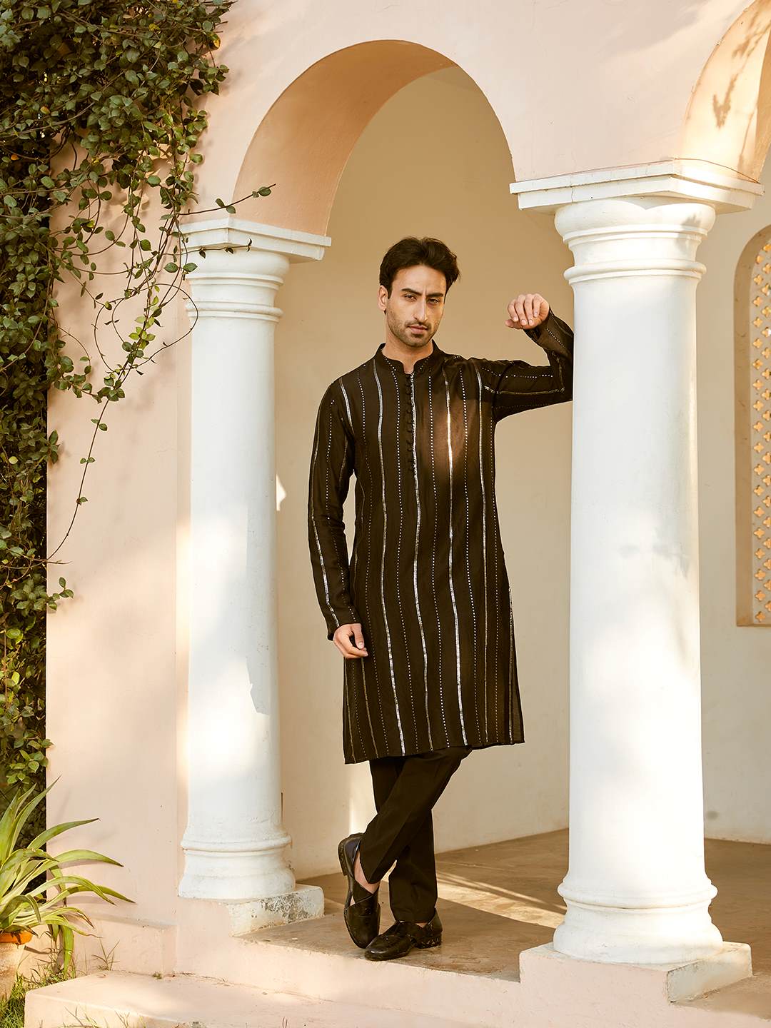 Men Black And Gold Chanderi Silk Sequins Kurta With Pajama