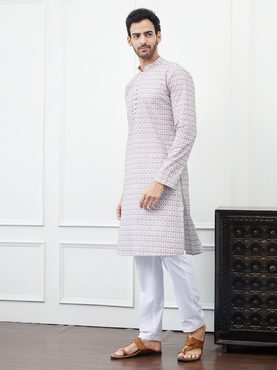 Men Cream And Brown Chikankari Embroidered Cotton Kurta