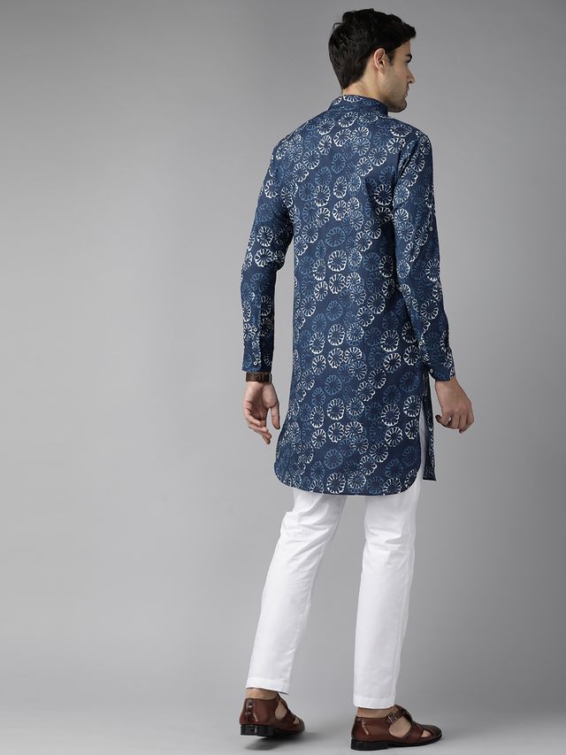 Men Indigo Regular Pure Cotton Pathani Printed Men's Kurta