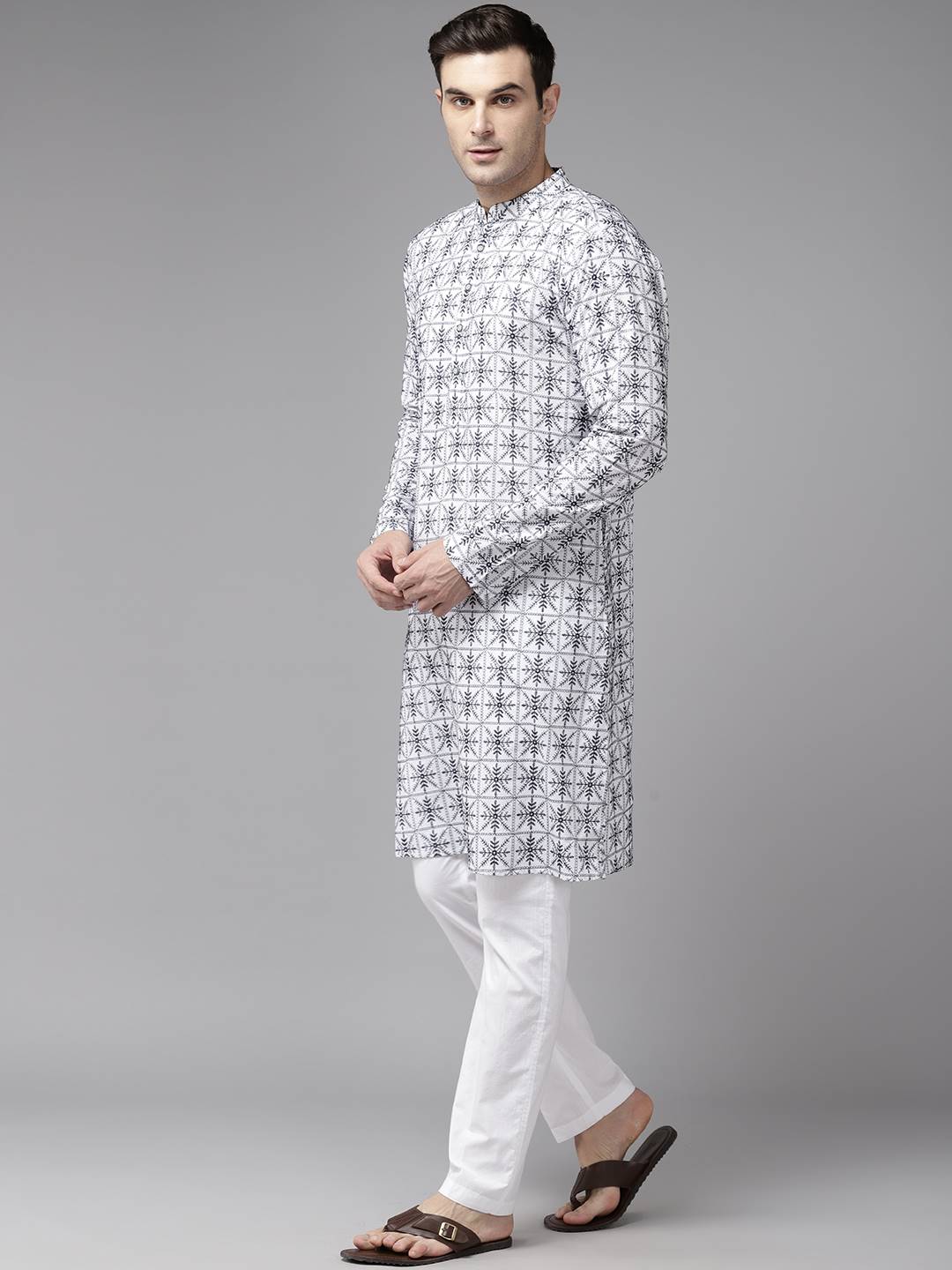 Men Off White & Blue Pure Cotton Embroidered Straight Kurta With Pajama