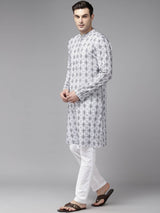 Men Off White & Blue Pure Cotton Embroidered Straight Kurta With Pajama