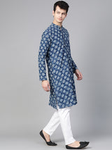 Riwaat.com Men Blue Indigo Hand Block Print Straight Sustainable Kurta Riwaat Printed