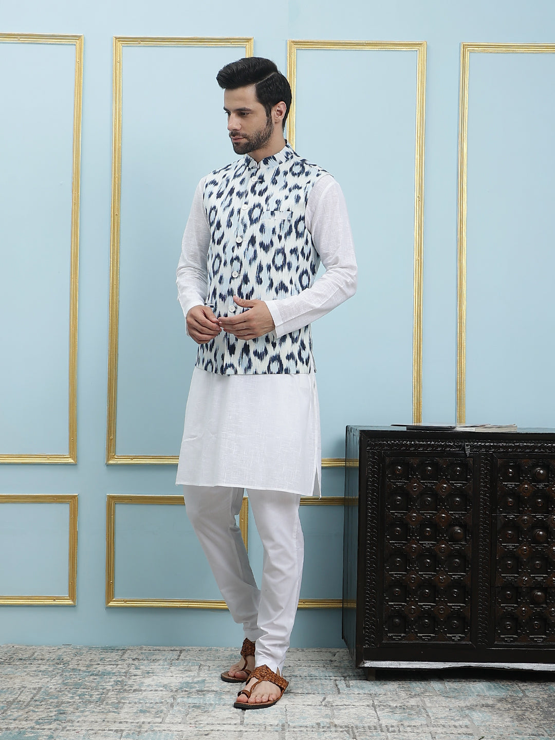 Men White And Blue Color Printed Cotton Nehru Jacket