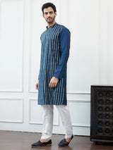 Riwaat.com Men Teal & Gold Sequence Striped Cotton Kurta Riwaat Embroidered