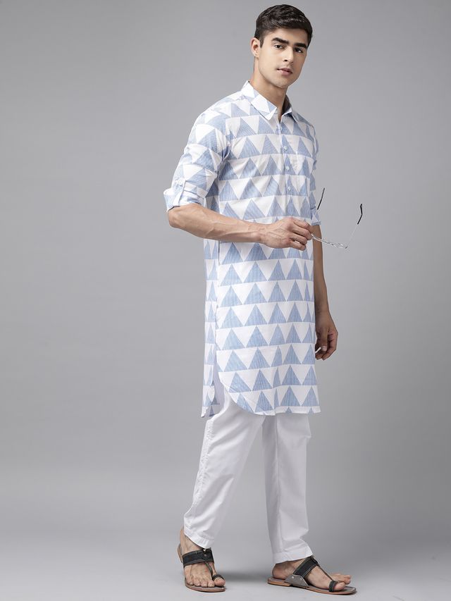 Men White Regular Pure Cotton Pathani Printed Men's Kurta With White Salwar
