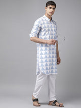 Men White Regular Pure Cotton Pathani Printed Men's Kurta With White Salwar