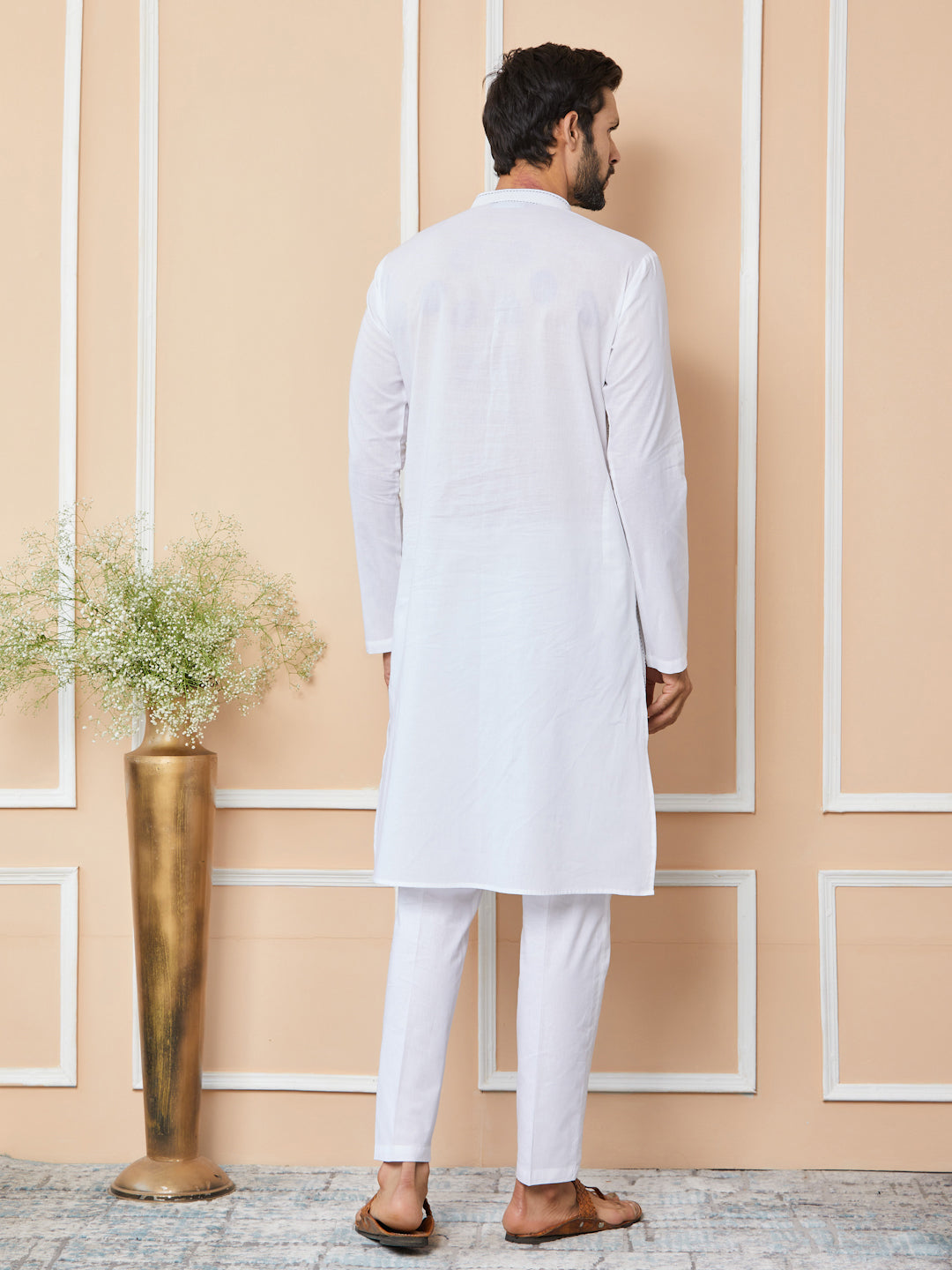 White Thread Worked Pure Cotton Straight Kurta with Pyjama