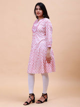 Women Pink And White Floral Yoke Design Embroidery Cotton Kurti