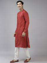 Men Maroon & Beige Woven Design Thread Work Kurta