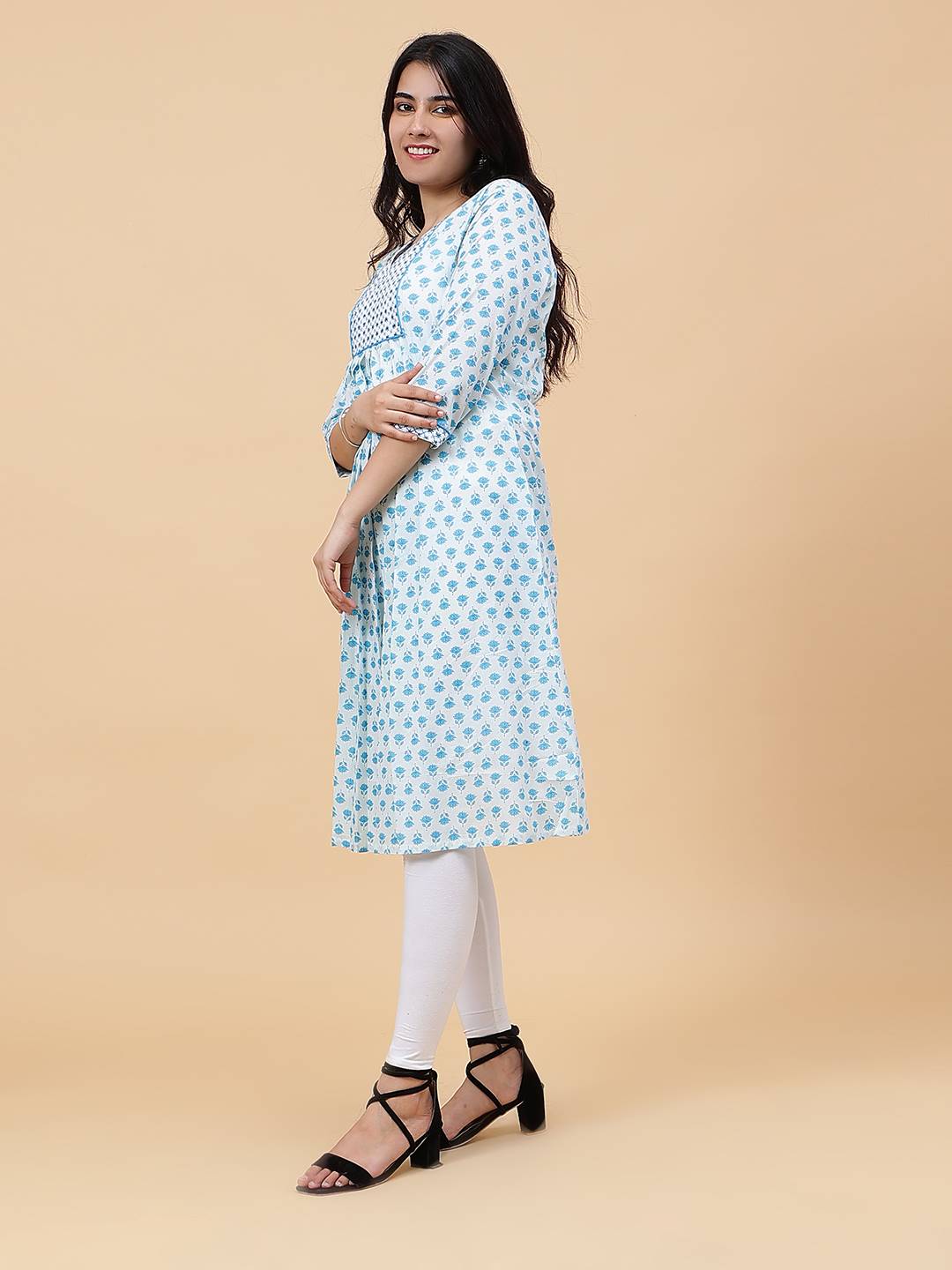 Women Blue And White Floral Yoke Design Embroidery Cotton Kurti