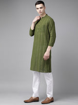 Men Green & Gold Stripe Printed Straight Kurta